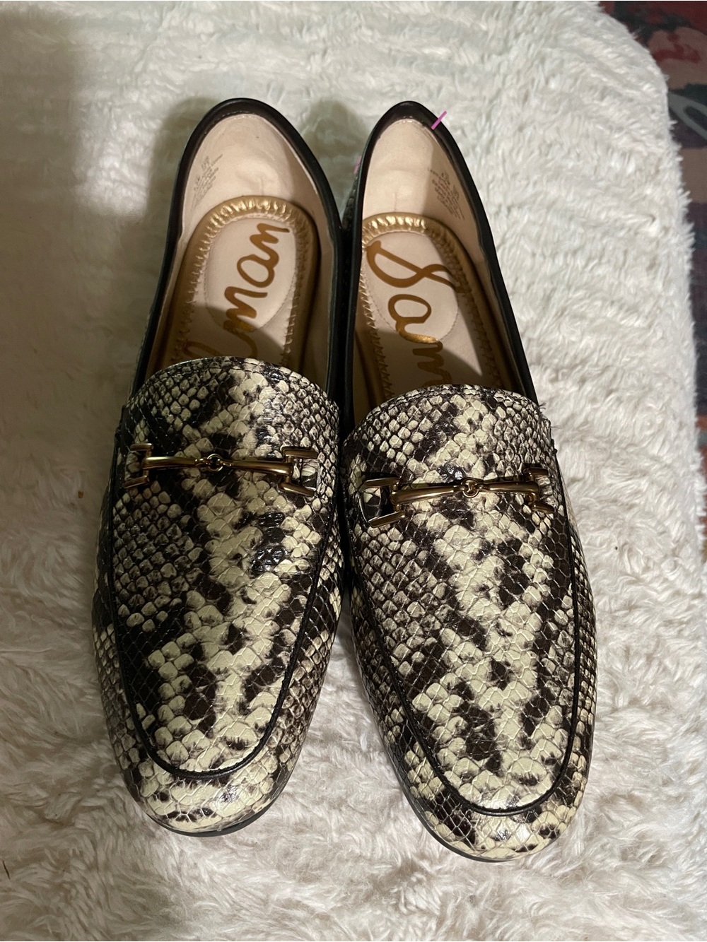 Sam Edelman Womens Snake-Print Loafers in Cream and Black